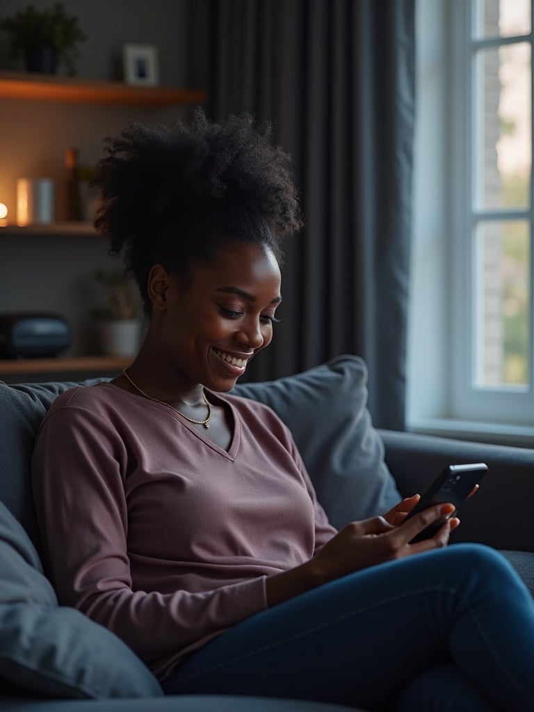 A woman shopping on her phone from her couch at home